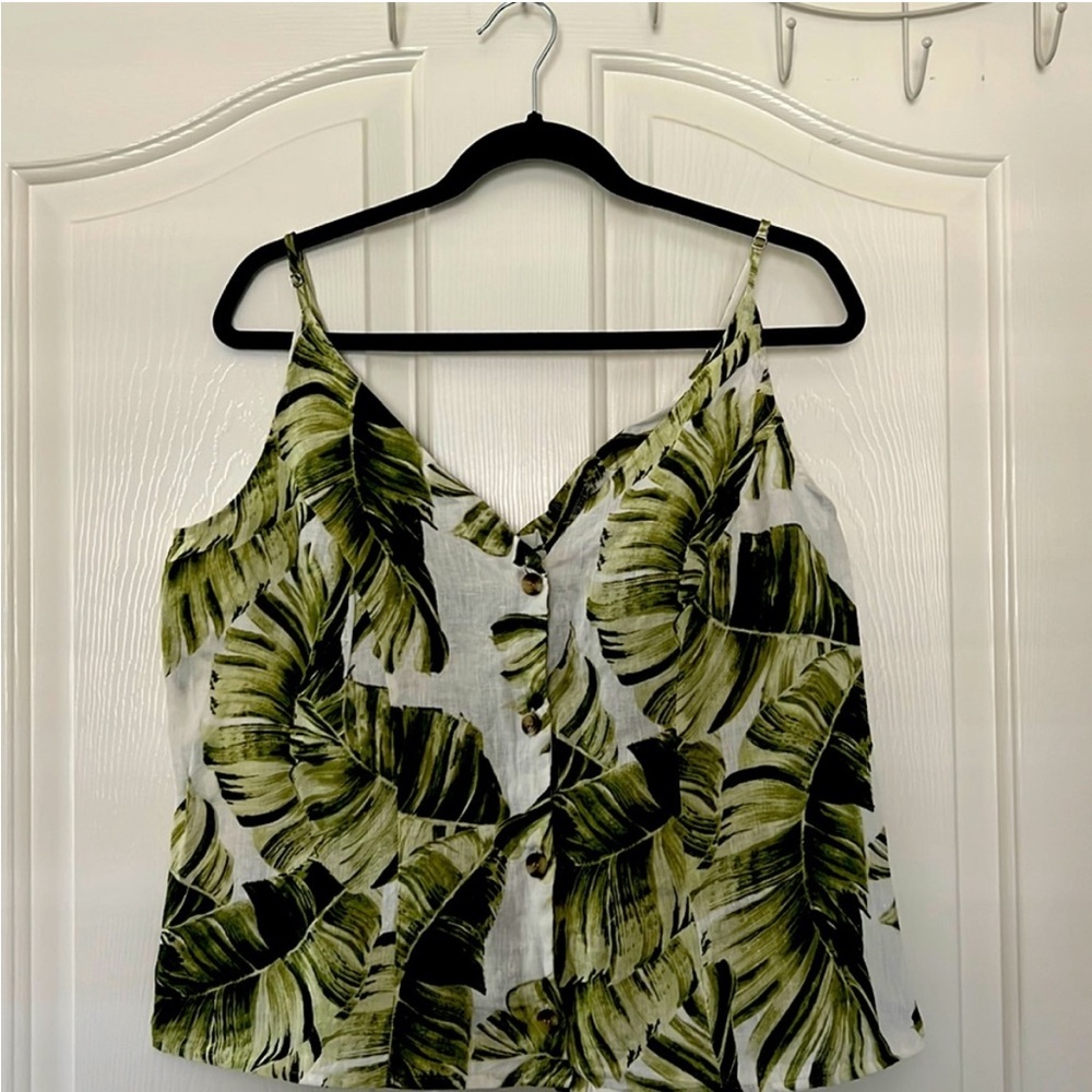 🩵3 for $10 H&M Linen Tank Top Plant Monstera Leaf Botanic Print Size L